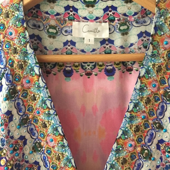 Camilla Printed Silk Hand-Beaded Lace-Up Blouse - Picture 7 of 12